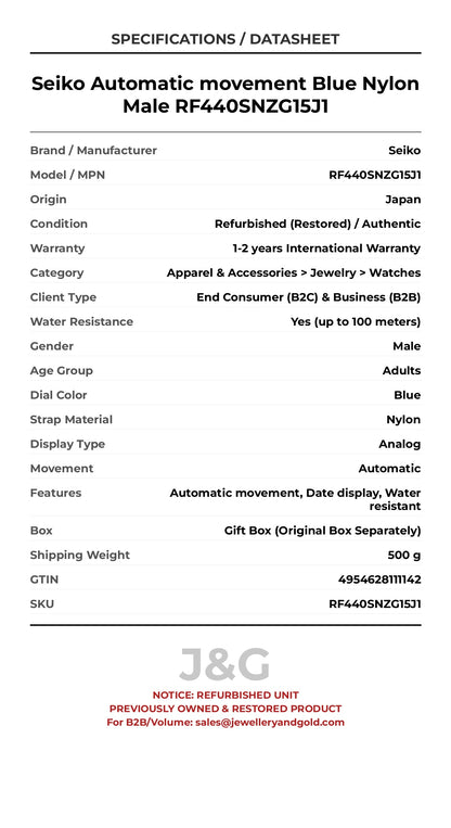 Seiko Automatic movement Blue Nylon Male RF440SNZG15J1 - Specifications