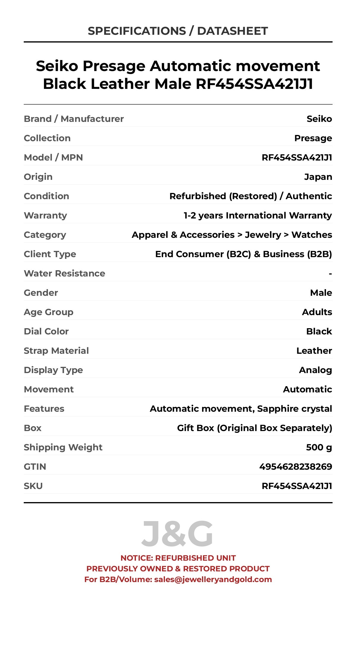 Seiko Presage Automatic movement Black Leather Male RF454SSA421J1 - Specifications