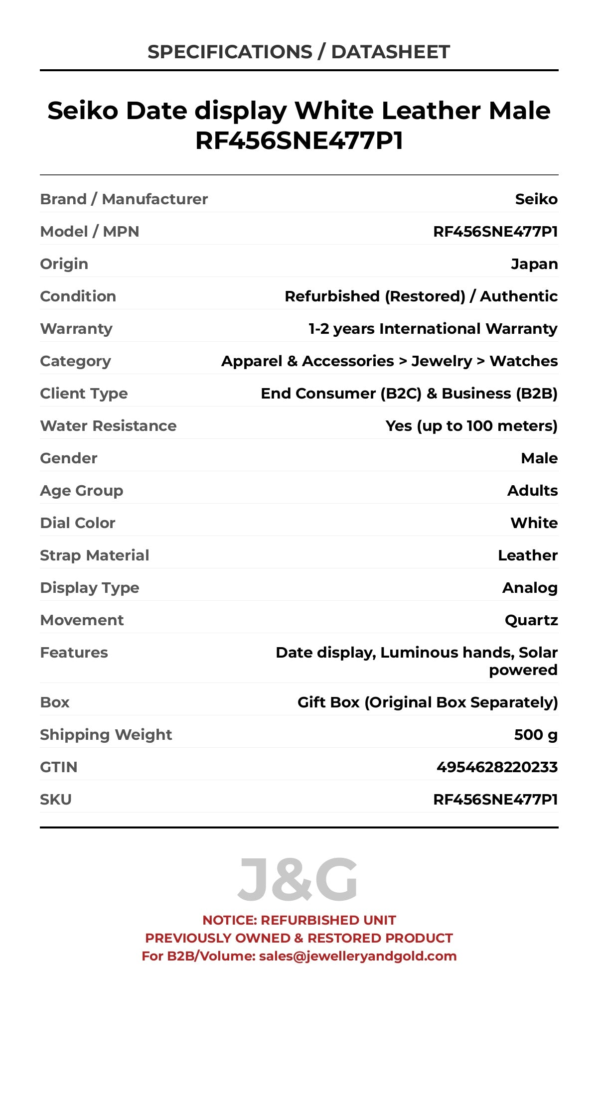 Seiko Date display White Leather Male RF456SNE477P1 - Specifications