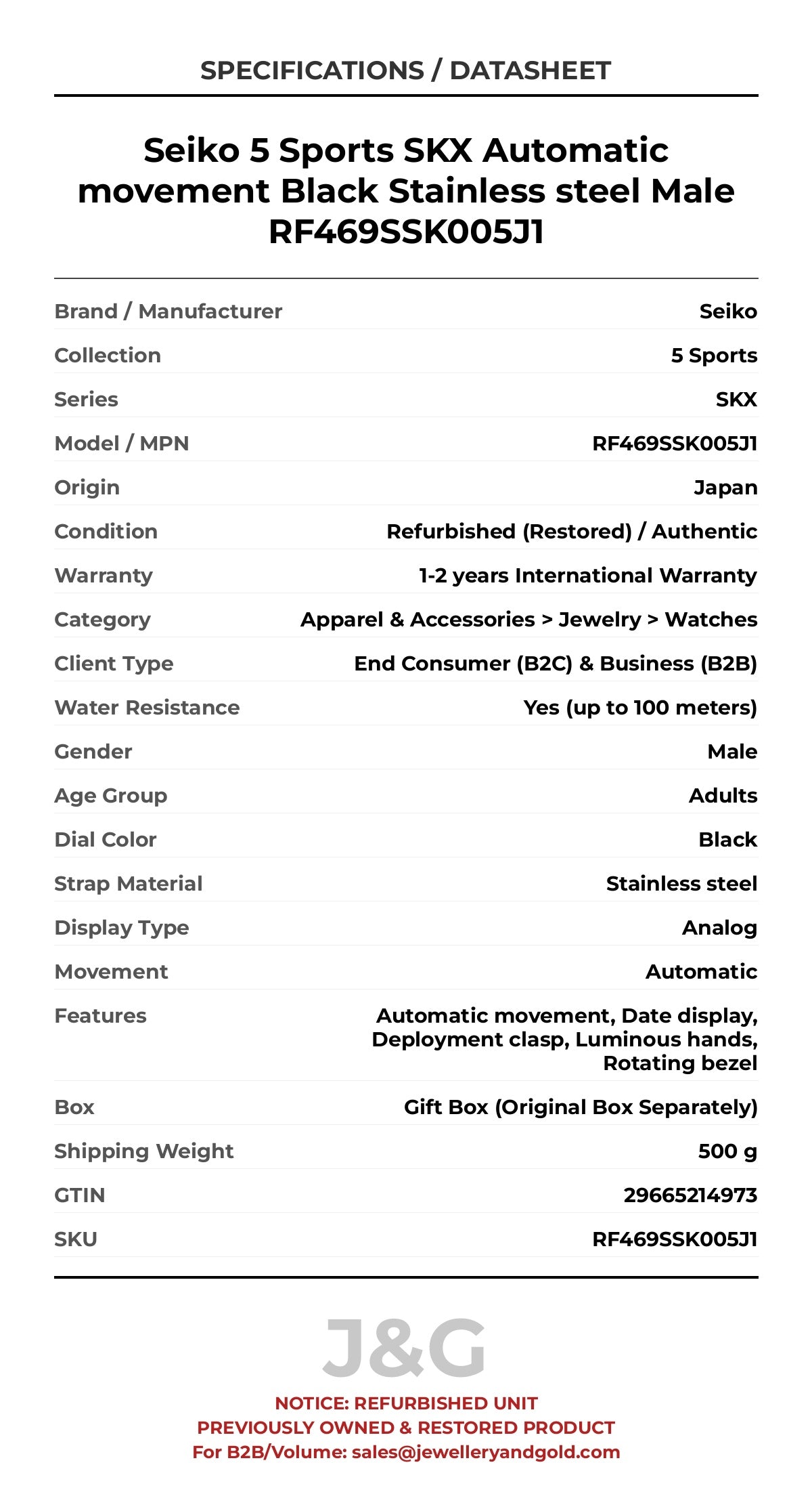 Seiko 5 Sports SKX Automatic movement Black Stainless steel Male RF469SSK005J1 - Specifications