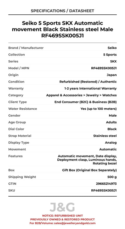 Seiko 5 Sports SKX Automatic movement Black Stainless steel Male RF469SSK005J1 - Specifications