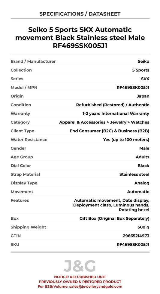 Seiko 5 Sports SKX Automatic movement Black Stainless steel Male RF469SSK005J1 - Specifications