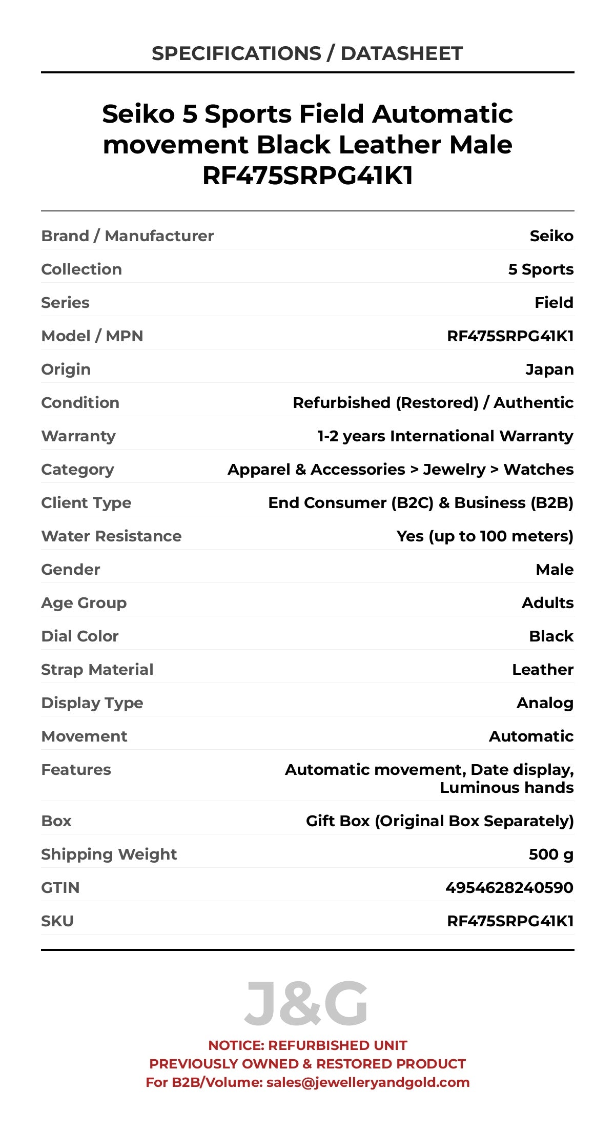 Seiko 5 Sports Field Automatic movement Black Leather Male RF475SRPG41K1 - Specifications