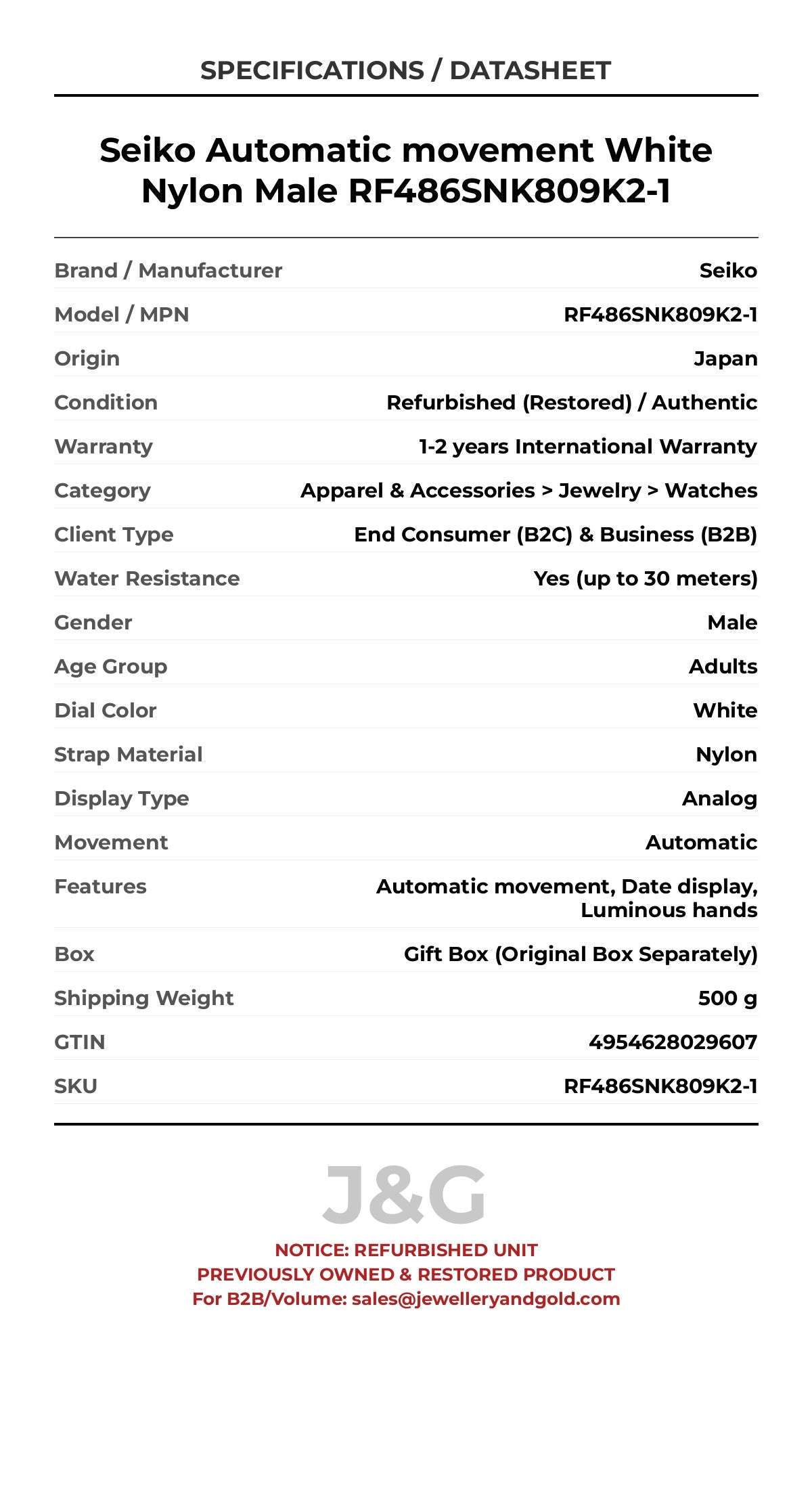 Seiko Automatic movement White Nylon Male RF486SNK809K2-1 - Specifications
