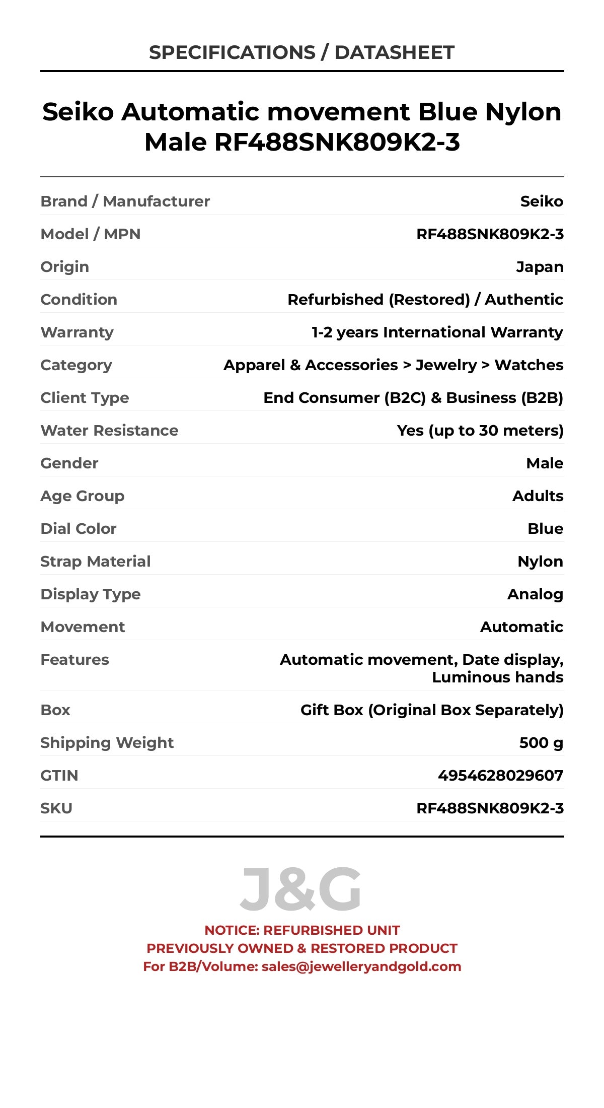 Seiko Automatic movement Blue Nylon Male RF488SNK809K2-3 - Specifications