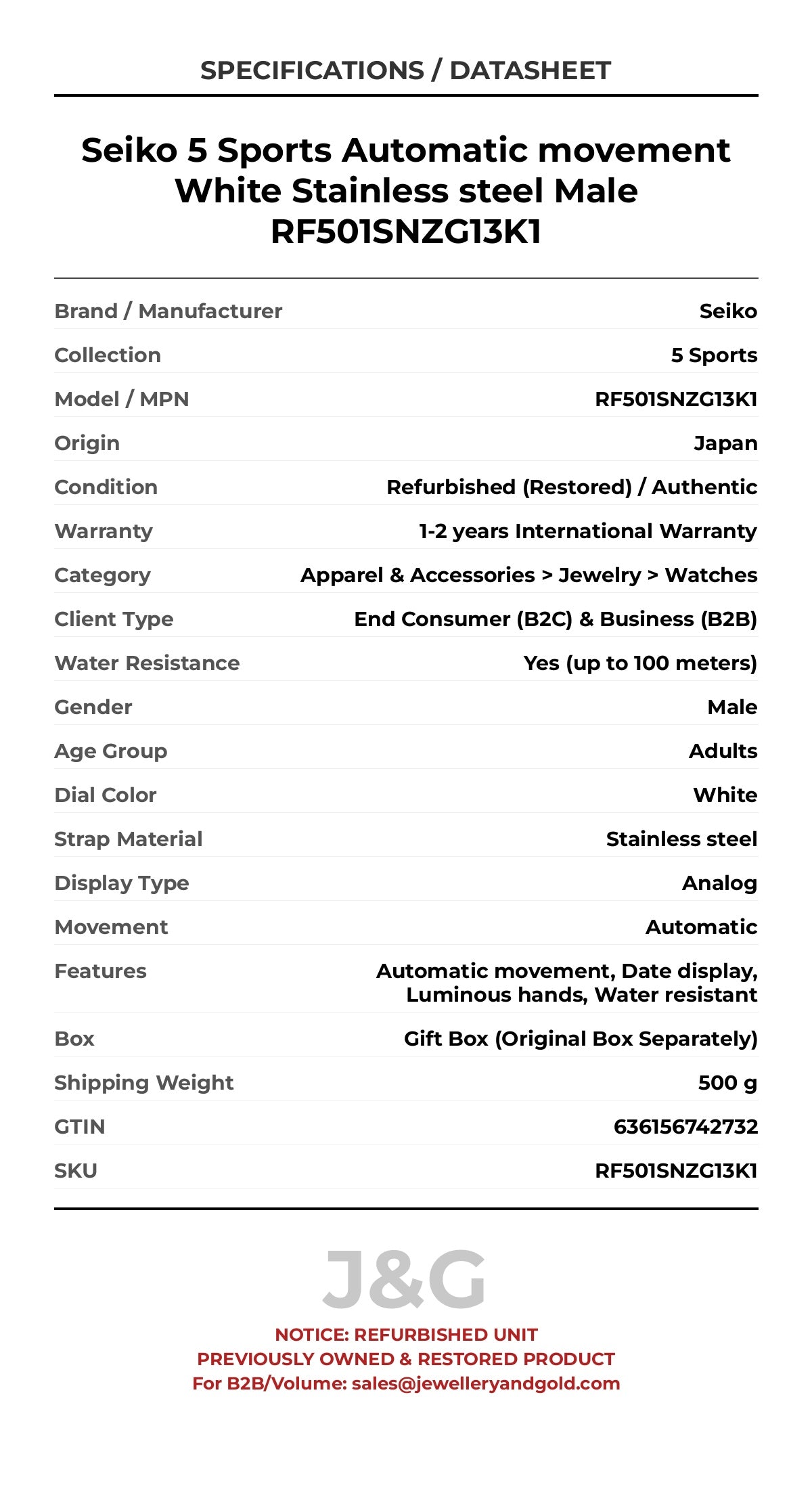 Seiko 5 Sports Automatic movement White Stainless steel Male RF501SNZG13K1 - Specifications