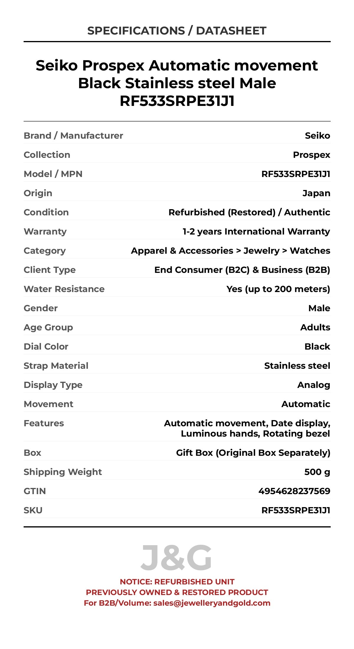 Seiko Prospex Automatic movement Black Stainless steel Male RF533SRPE31J1 - Specifications