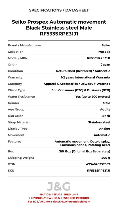 Seiko Prospex Automatic movement Black Stainless steel Male RF533SRPE31J1 - Specifications