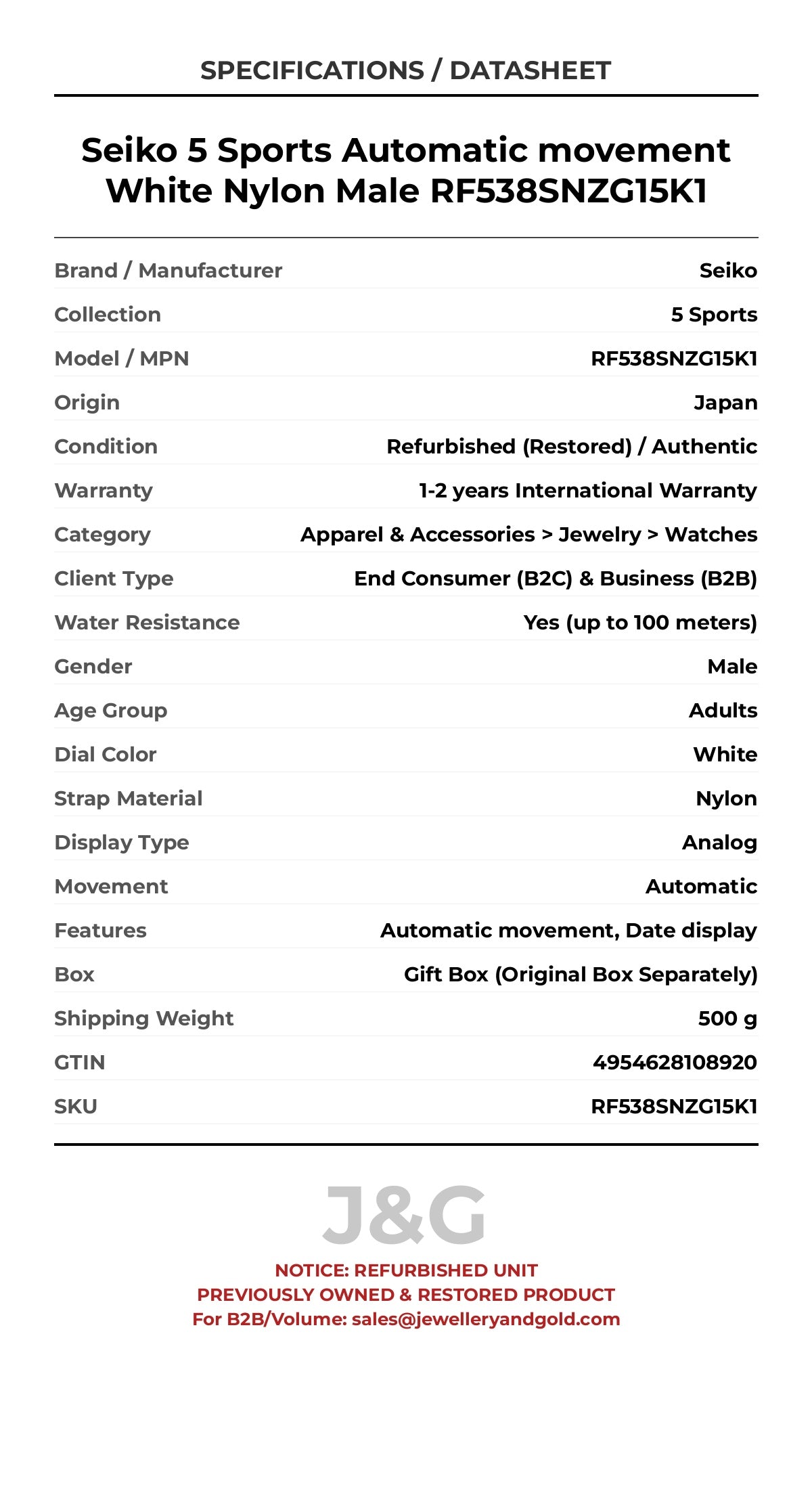 Seiko 5 Sports Automatic movement White Nylon Male RF538SNZG15K1 - Specifications
