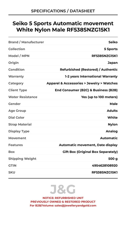 Seiko 5 Sports Automatic movement White Nylon Male RF538SNZG15K1 - Specifications