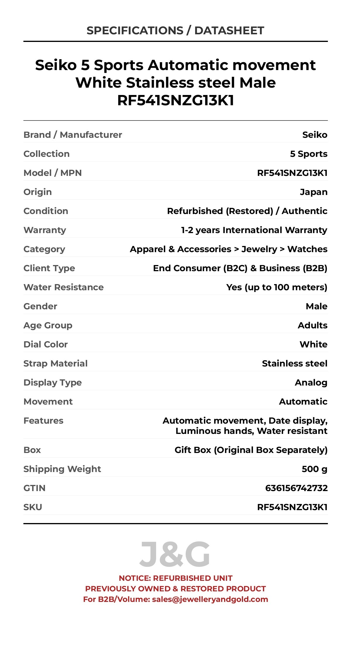 Seiko 5 Sports Automatic movement White Stainless steel Male RF541SNZG13K1 - Specifications