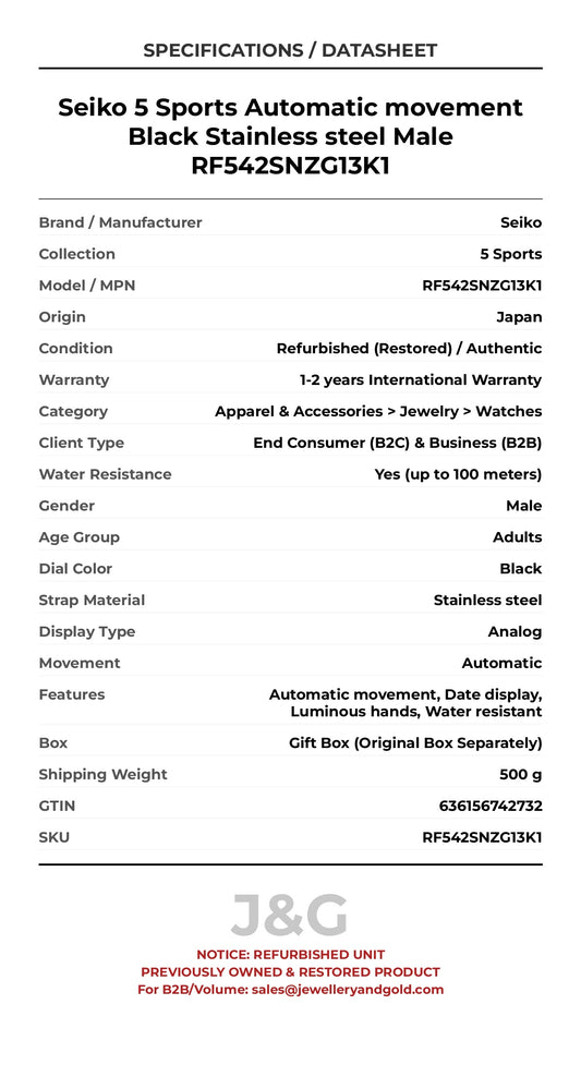 Seiko 5 Sports Automatic movement Black Stainless steel Male RF542SNZG13K1 - Specifications
