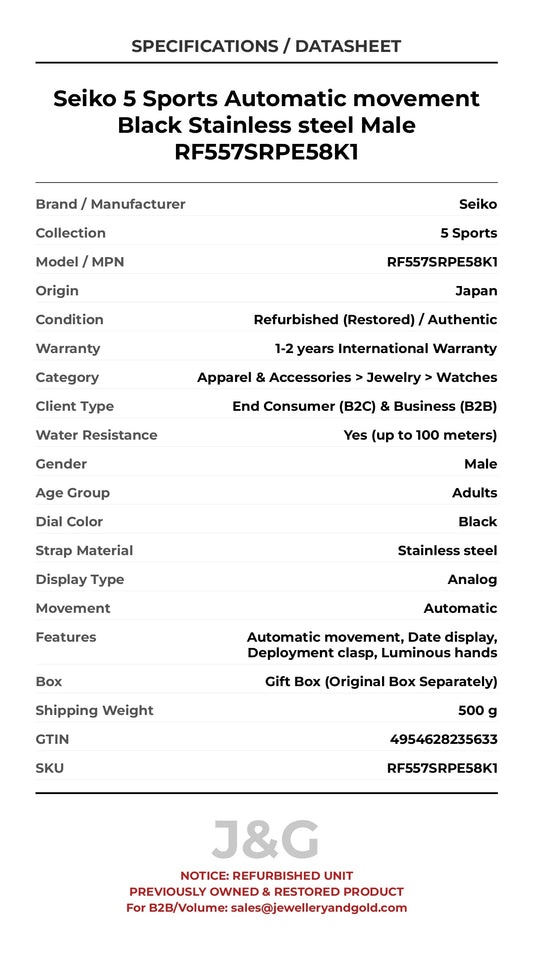 Seiko 5 Sports Automatic movement Black Stainless steel Male RF557SRPE58K1 - Specifications