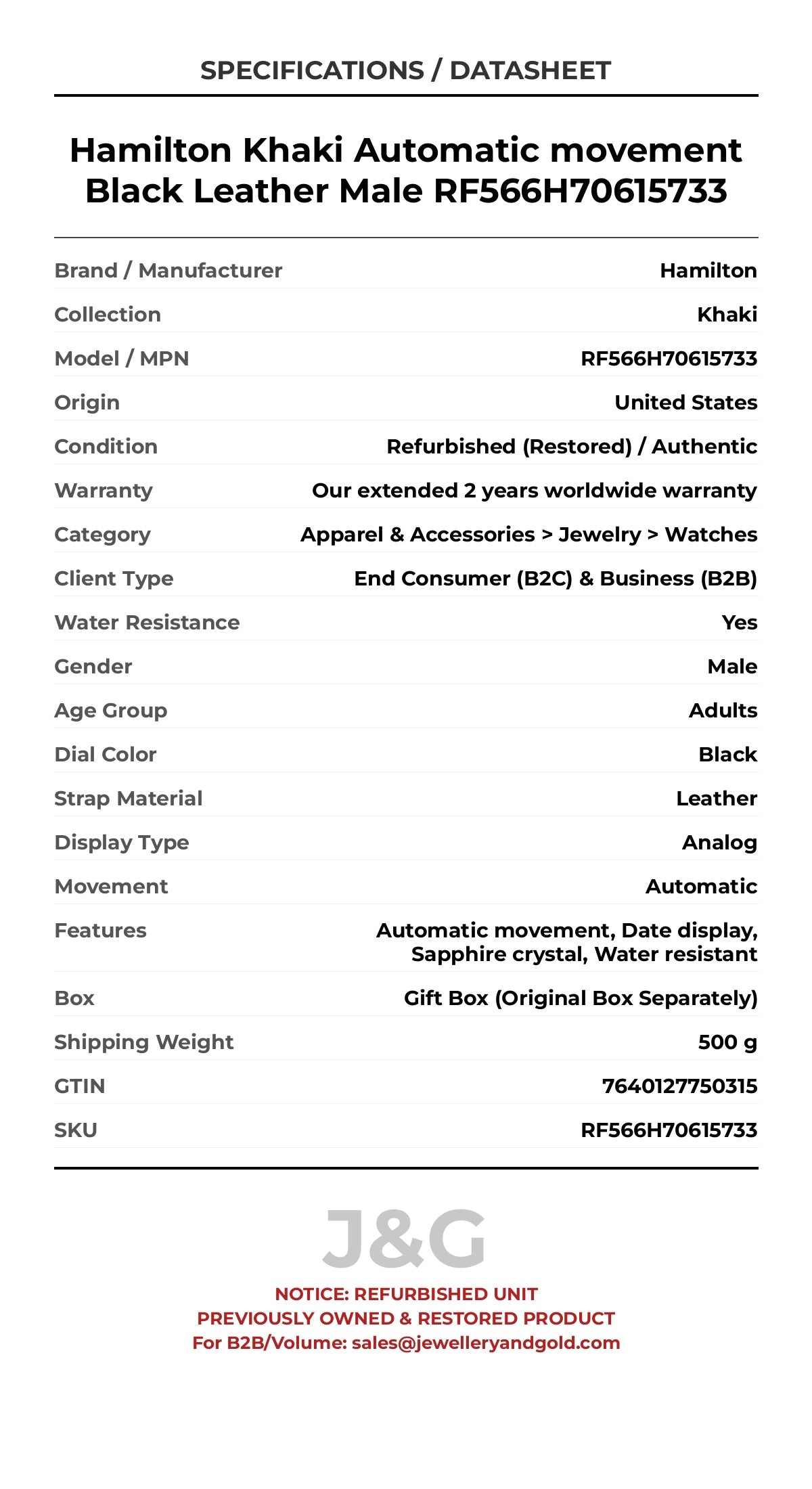 Hamilton Khaki Automatic movement Black Leather Male RF566H70615733 - Specifications