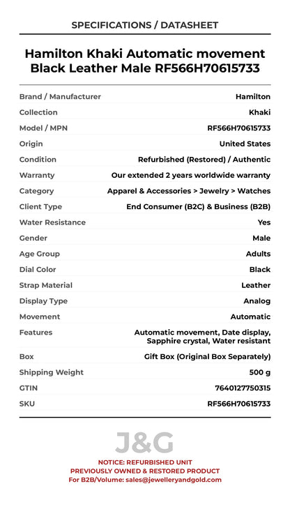 Hamilton Khaki Automatic movement Black Leather Male RF566H70615733 - Specifications