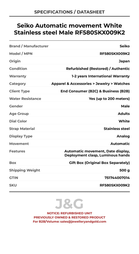 Seiko Automatic movement White Stainless steel Male RF580SKX009K2 - Specifications