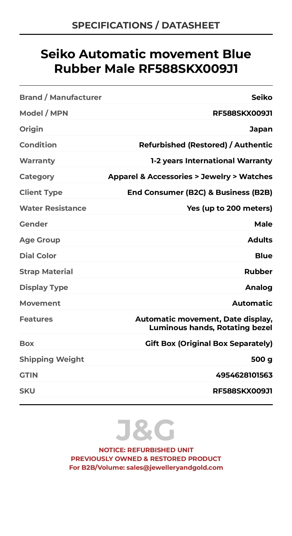 Seiko Automatic movement Blue Rubber Male RF588SKX009J1 - Specifications