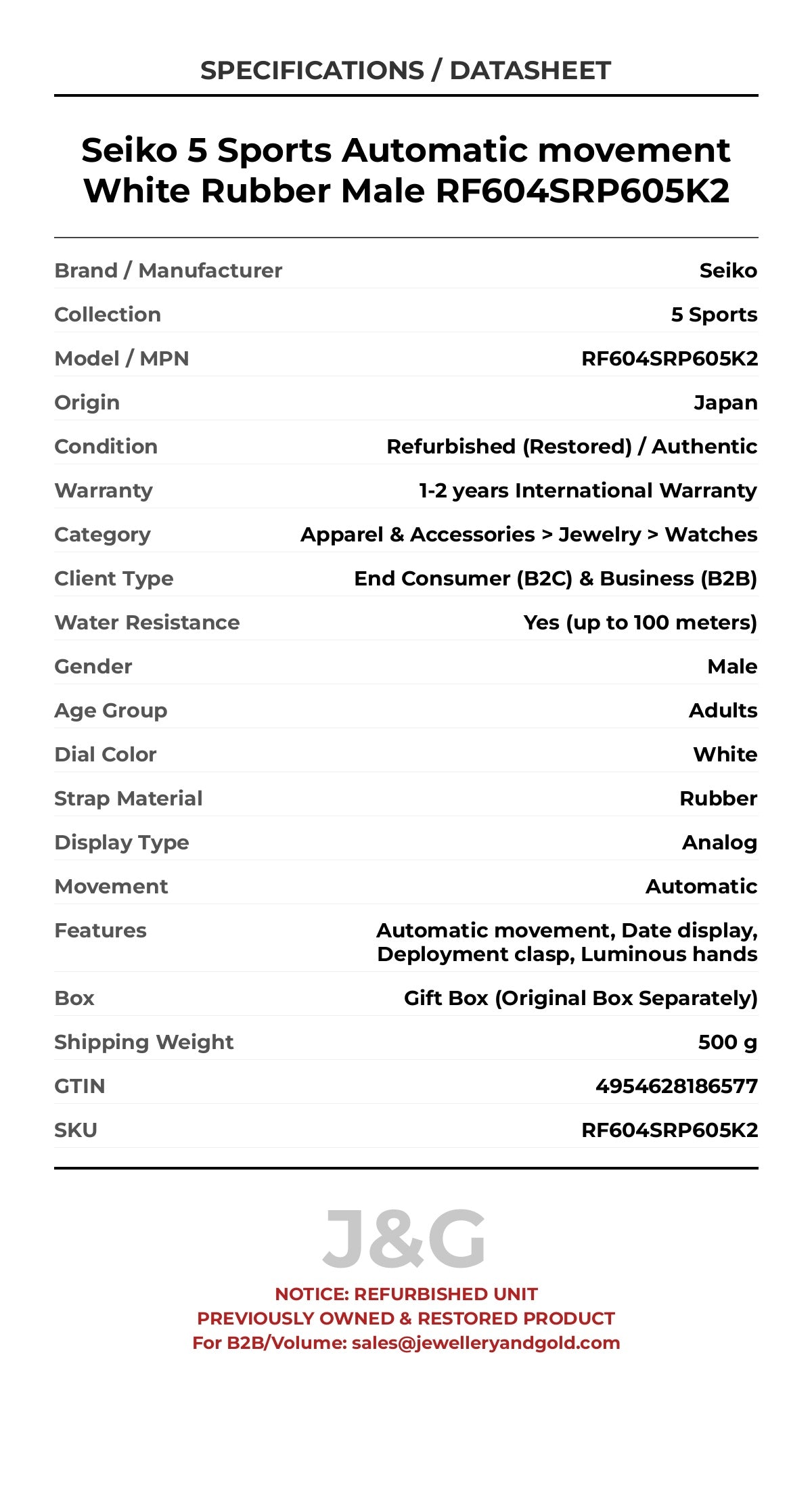 Seiko 5 Sports Automatic movement White Rubber Male RF604SRP605K2 - Specifications
