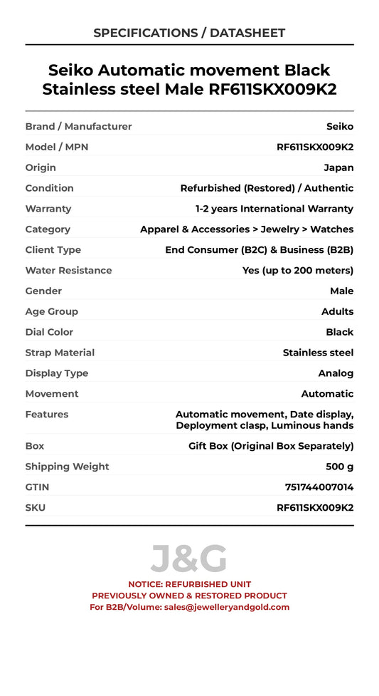 Seiko Automatic movement Black Stainless steel Male RF611SKX009K2 - Specifications