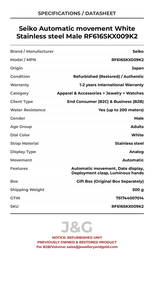 Seiko Automatic movement White Stainless steel Male RF616SKX009K2 - Specifications
