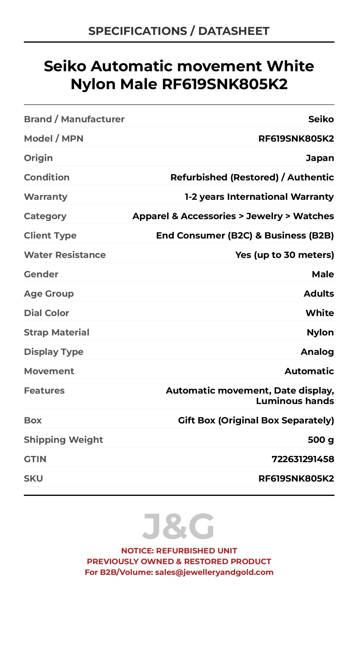 Seiko Automatic movement White Nylon Male RF619SNK805K2 - Specifications