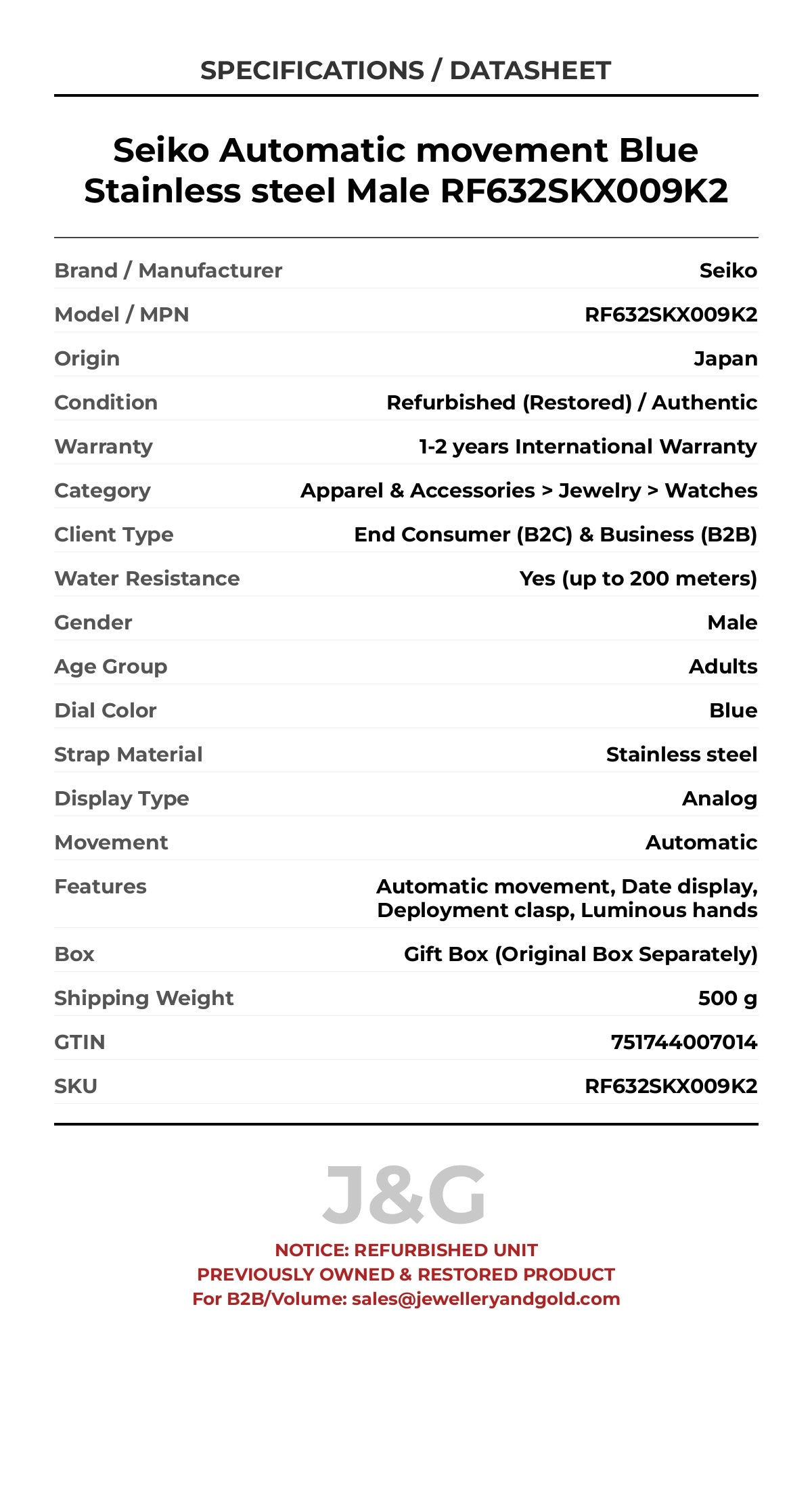 Seiko Automatic movement Blue Stainless steel Male RF632SKX009K2 - Specifications