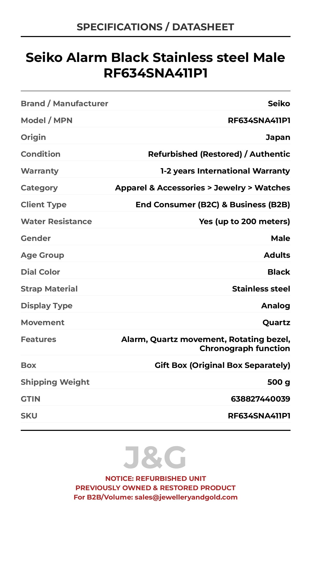 Seiko Alarm Black Stainless steel Male RF634SNA411P1 - Specifications