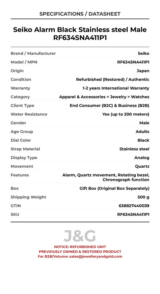 Seiko Alarm Black Stainless steel Male RF634SNA411P1 - Specifications