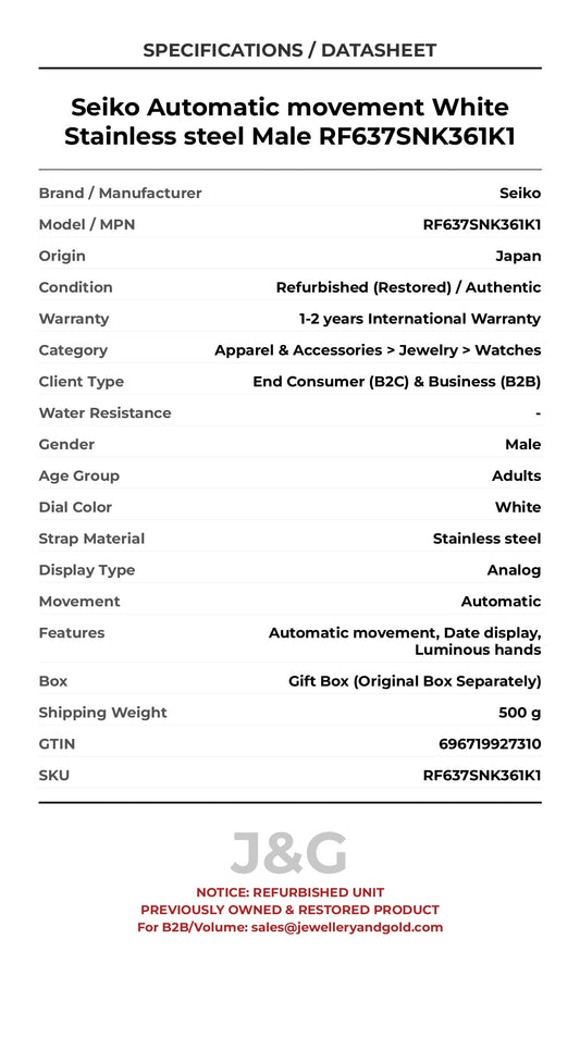 Seiko Automatic movement White Stainless steel Male RF637SNK361K1 - Specifications