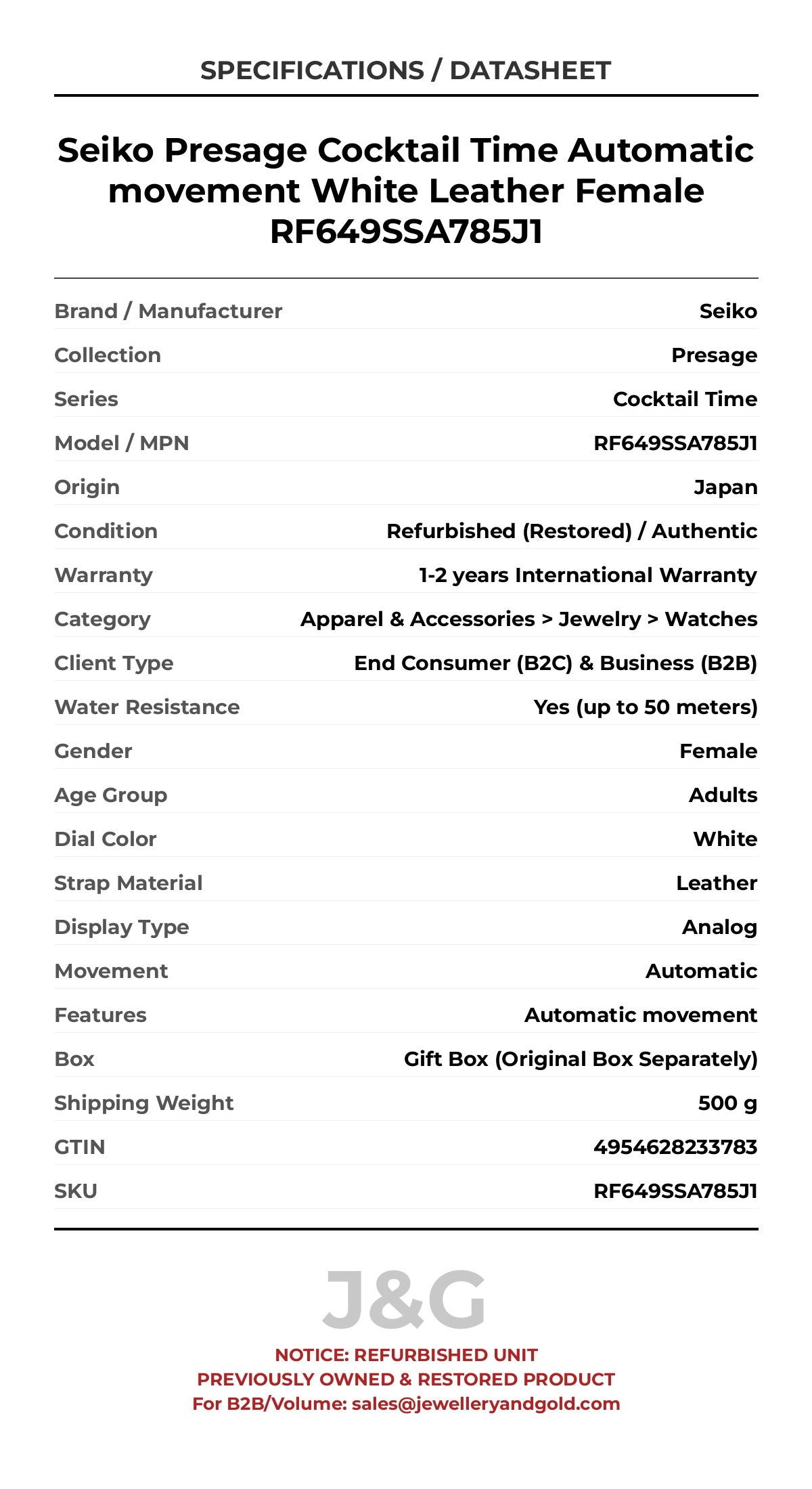 Seiko Presage Cocktail Time Automatic movement White Leather Female RF649SSA785J1 - Specifications