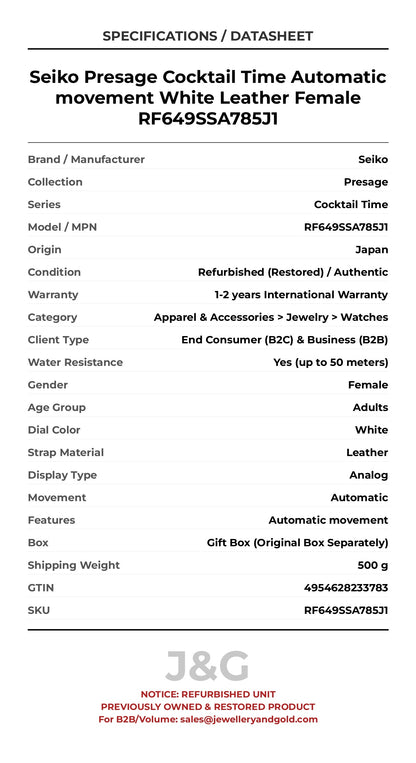 Seiko Presage Cocktail Time Automatic movement White Leather Female RF649SSA785J1 - Specifications