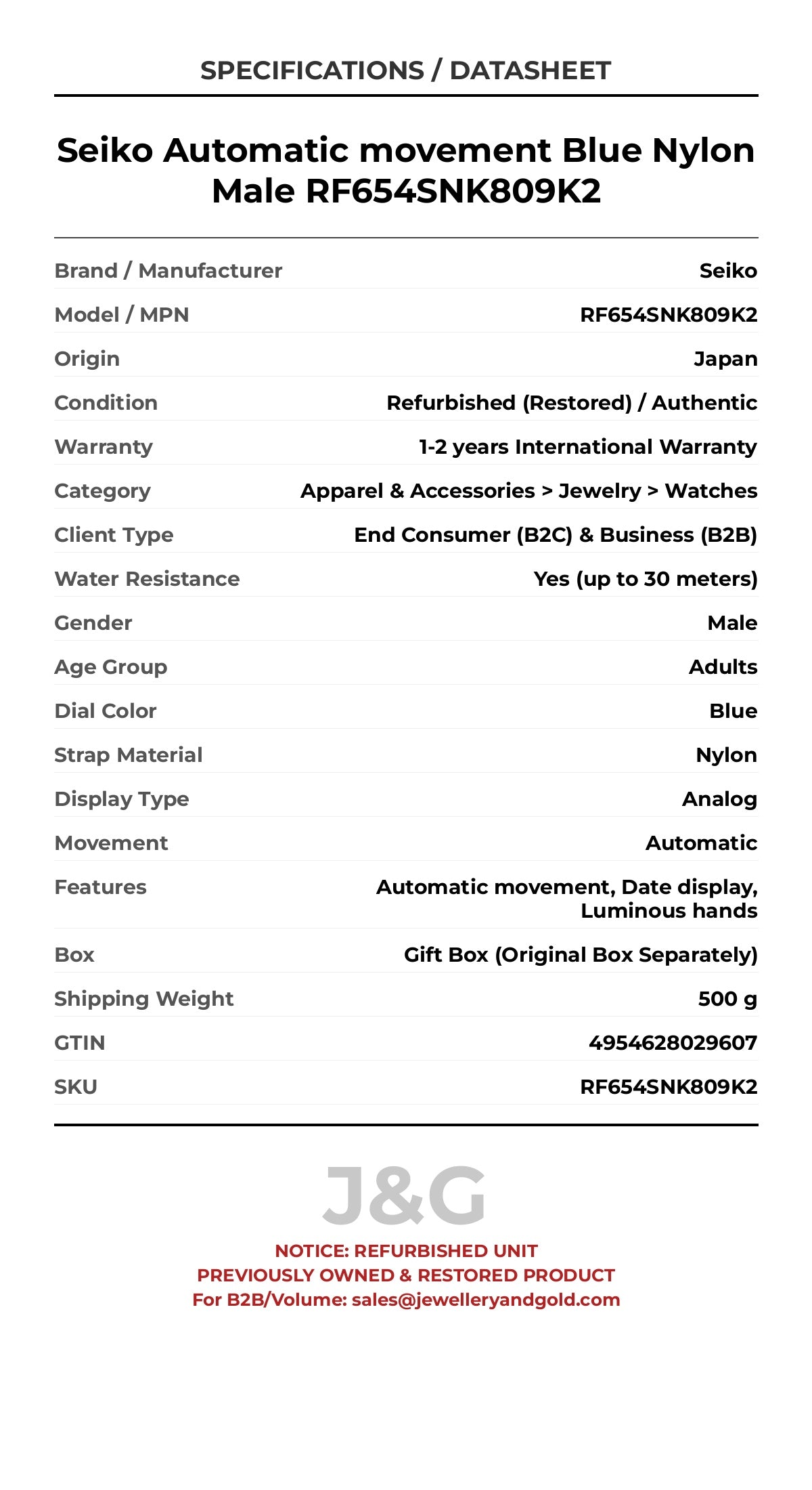 Seiko Automatic movement Blue Nylon Male RF654SNK809K2 - Specifications