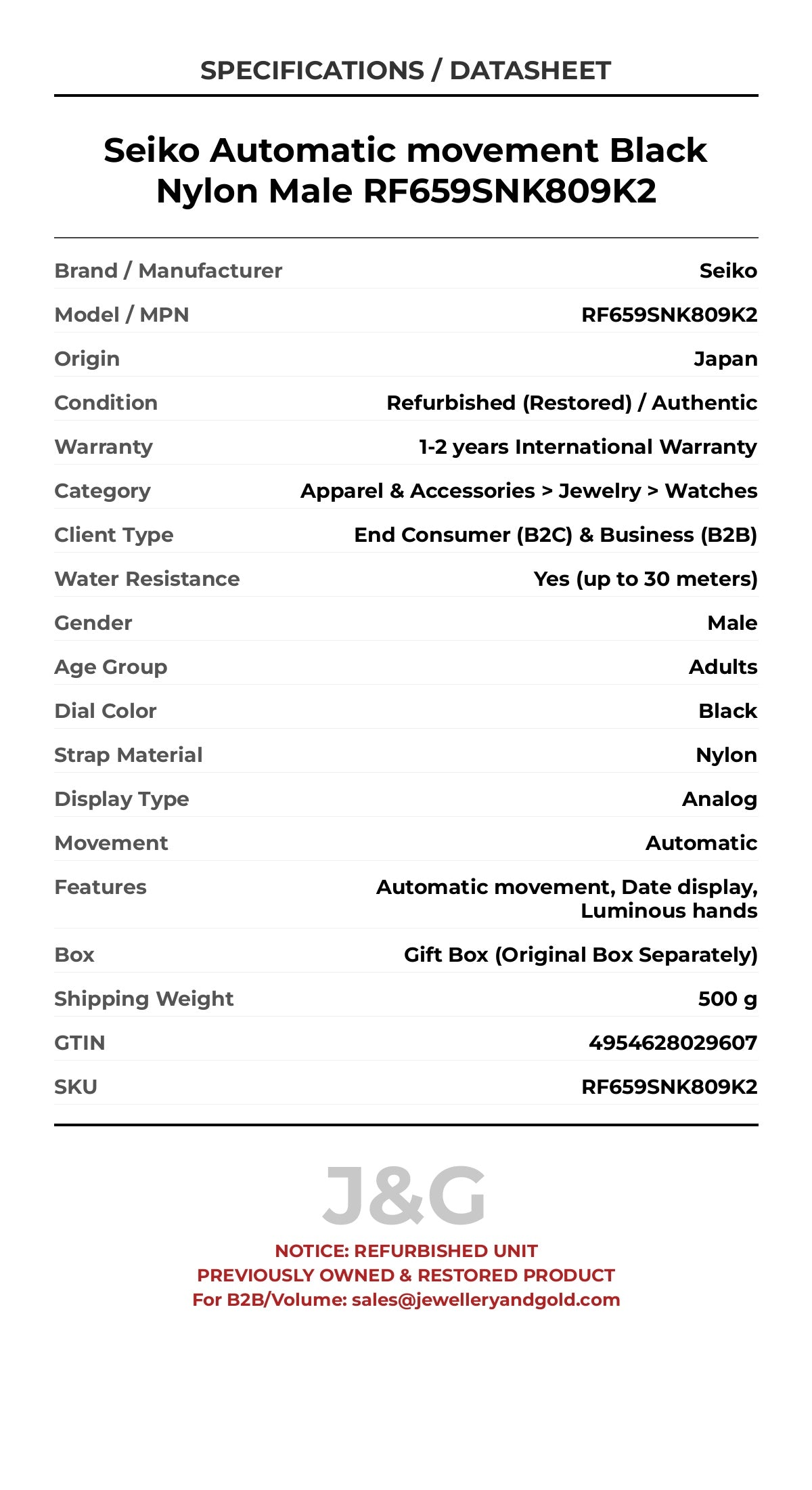 Seiko Automatic movement Black Nylon Male RF659SNK809K2 - Specifications