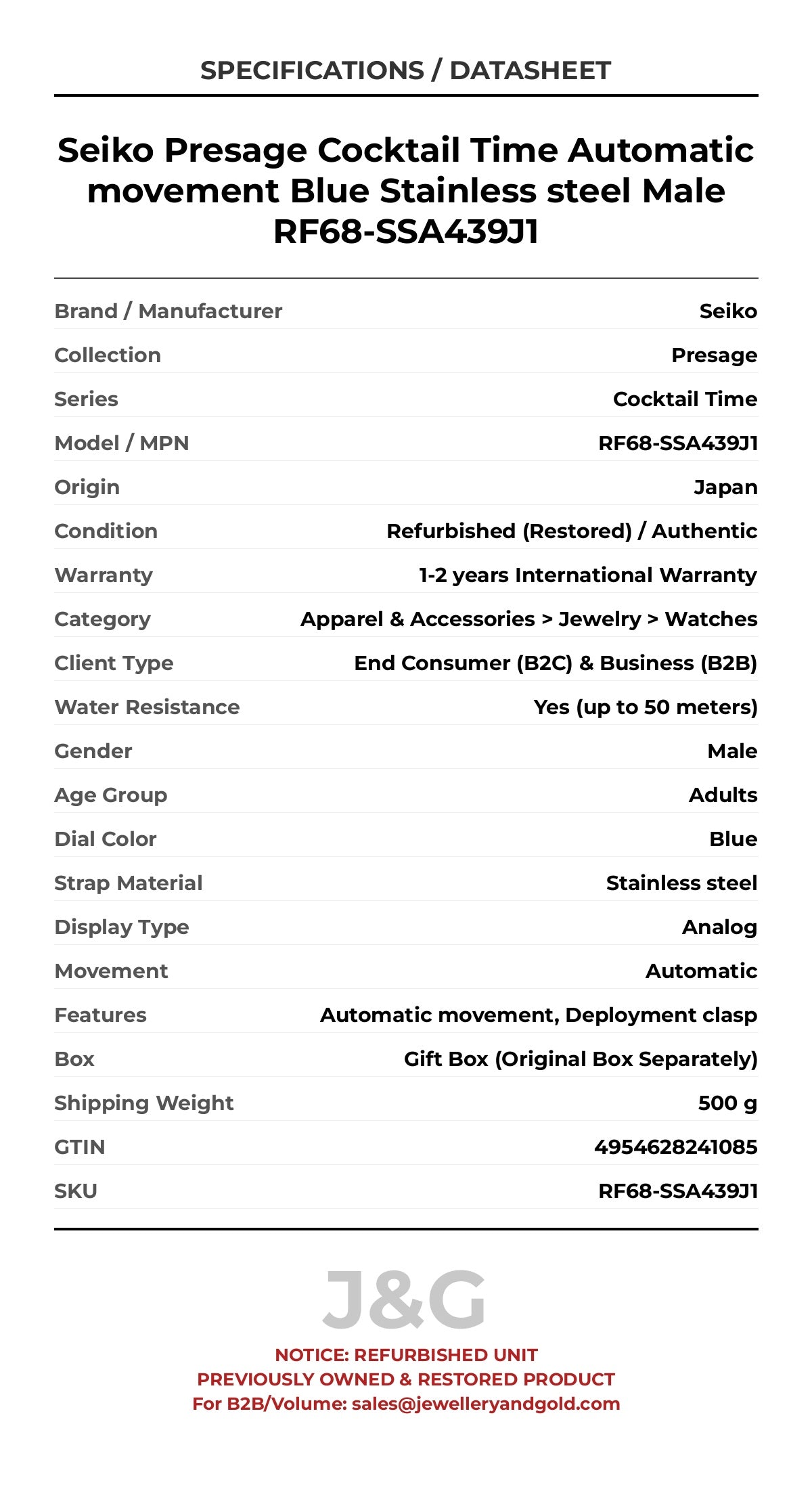 Seiko Presage Cocktail Time Automatic movement Blue Stainless steel Male RF68-SSA439J1 - Specifications