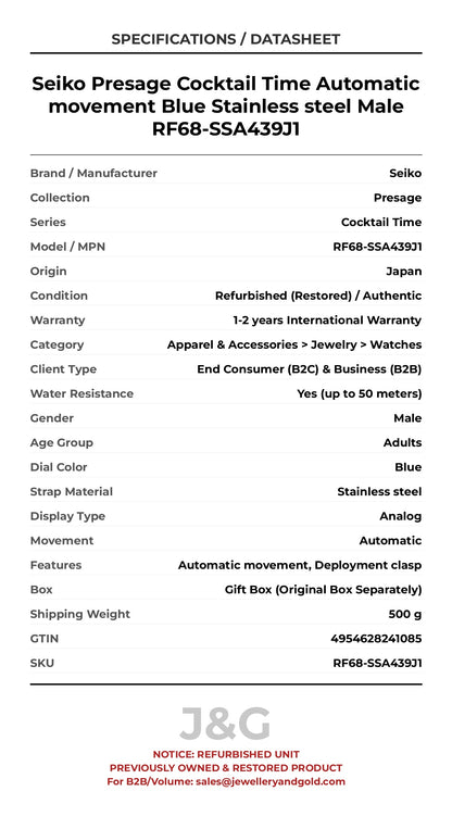 Seiko Presage Cocktail Time Automatic movement Blue Stainless steel Male RF68-SSA439J1 - Specifications