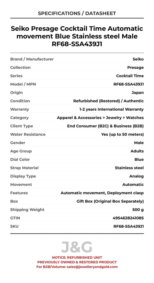 Seiko Presage Cocktail Time Automatic movement Blue Stainless steel Male RF68-SSA439J1 - Specifications