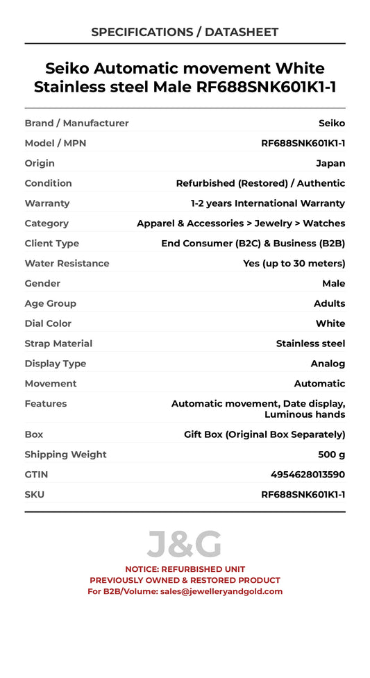 Seiko Automatic movement White Stainless steel Male RF688SNK601K1-1 - Specifications