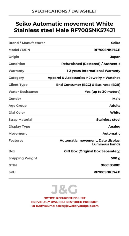 Seiko Automatic movement White Stainless steel Male RF700SNK574J1 - Specifications
