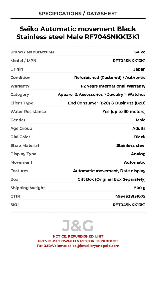 Seiko Automatic movement Black Stainless steel Male RF704SNKK13K1 - Specifications