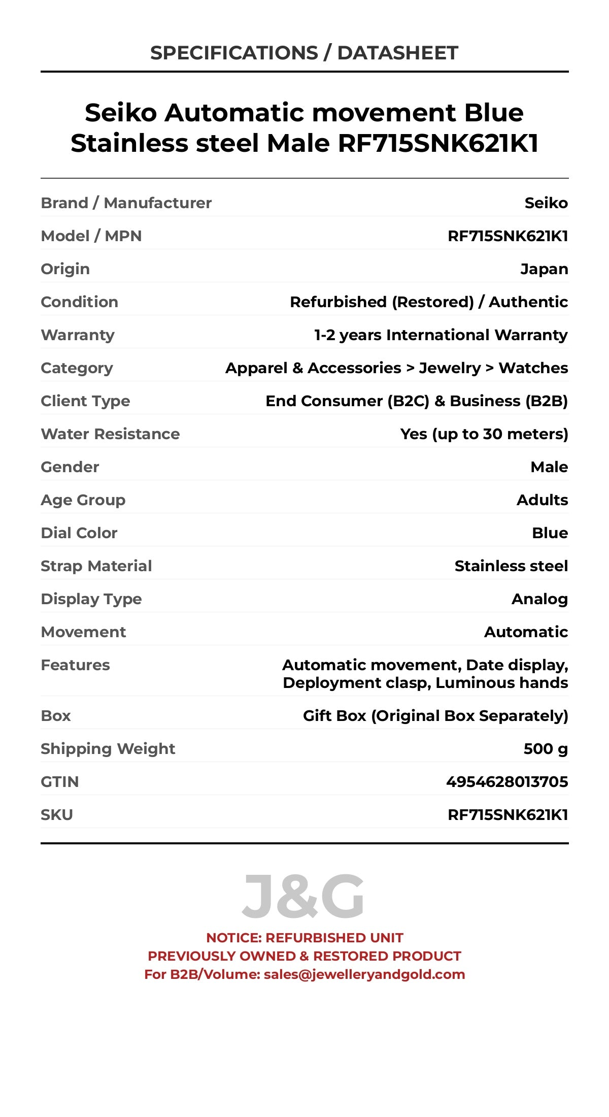 Seiko Automatic movement Blue Stainless steel Male RF715SNK621K1 - Specifications