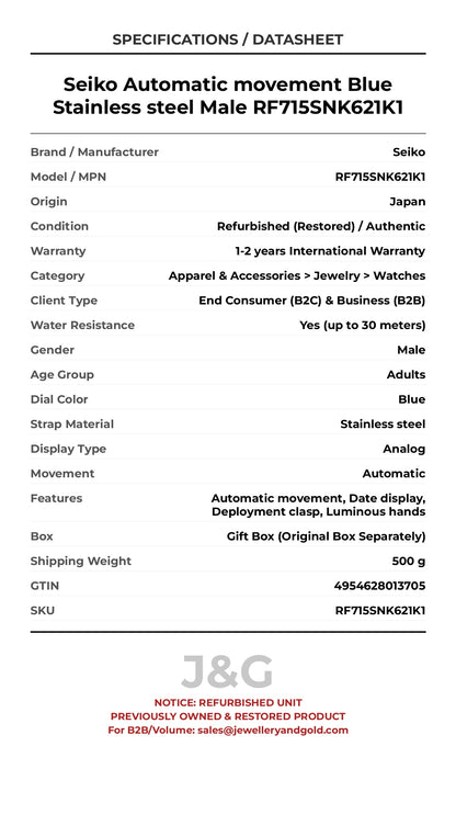 Seiko Automatic movement Blue Stainless steel Male RF715SNK621K1 - Specifications