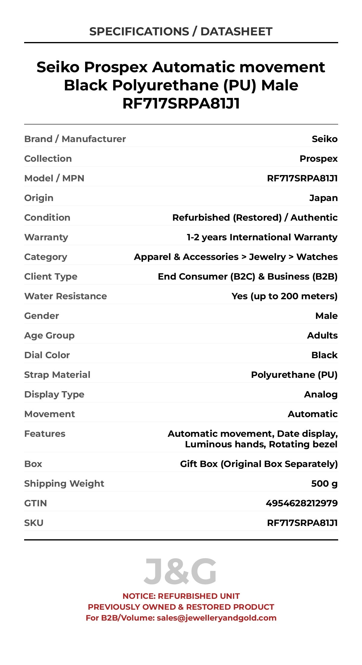 Seiko Prospex Automatic movement Black Polyurethane (PU) Male RF717SRPA81J1 - Specifications