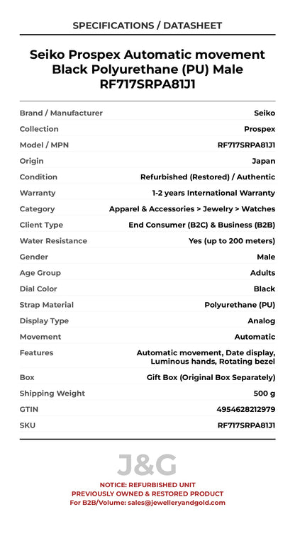 Seiko Prospex Automatic movement Black Polyurethane (PU) Male RF717SRPA81J1 - Specifications