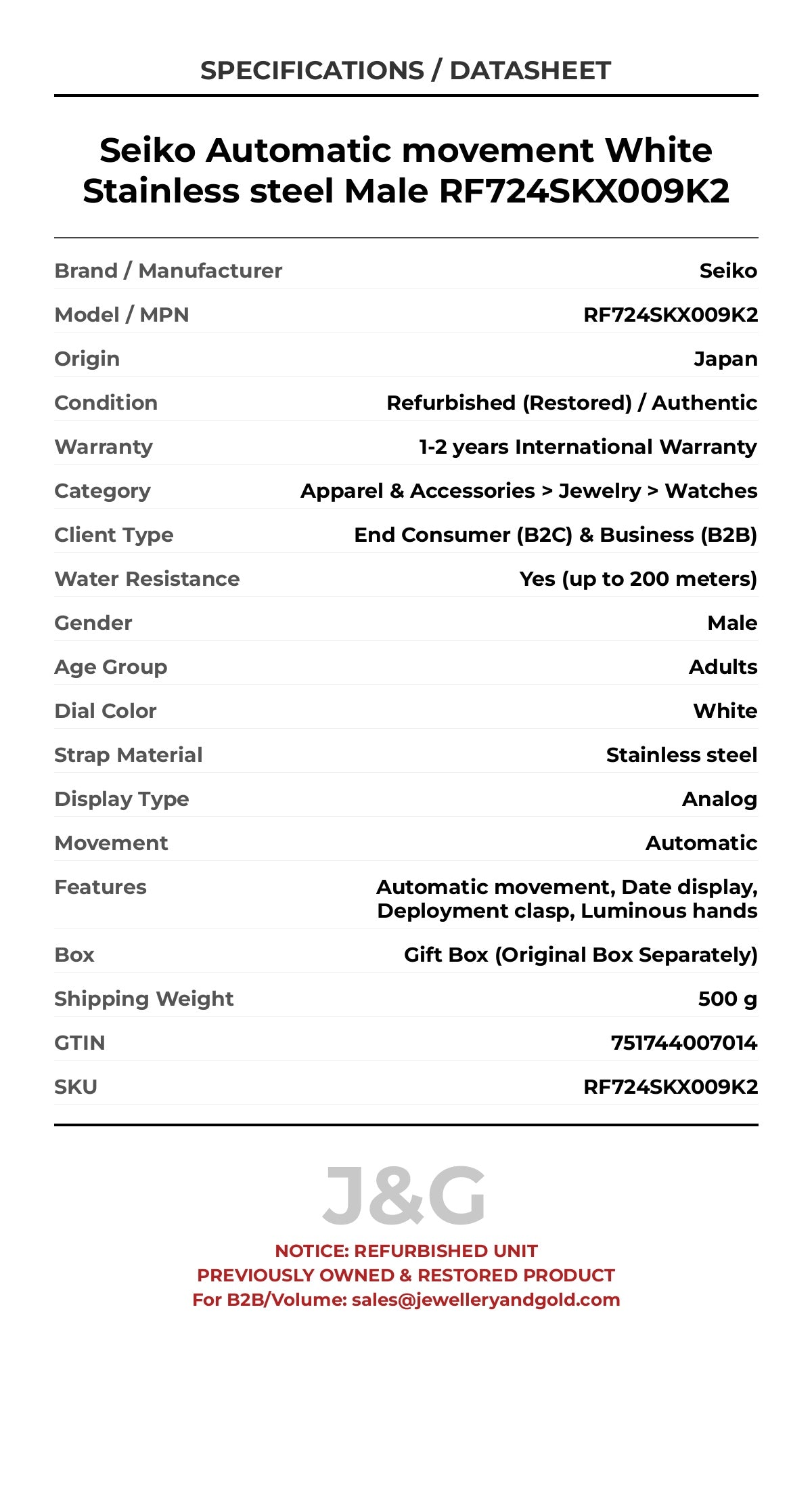 Seiko Automatic movement White Stainless steel Male RF724SKX009K2 - Specifications