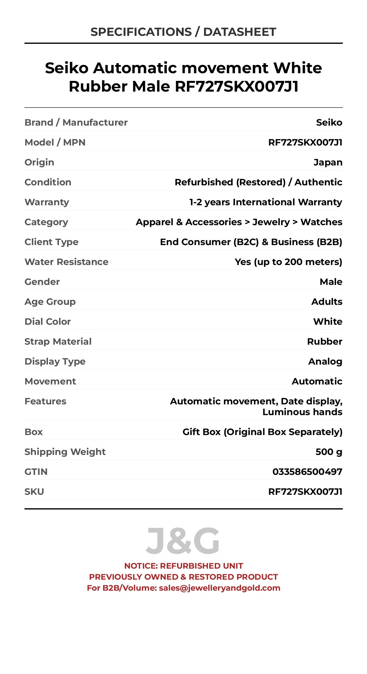 Seiko Automatic movement White Rubber Male RF727SKX007J1 - Specifications