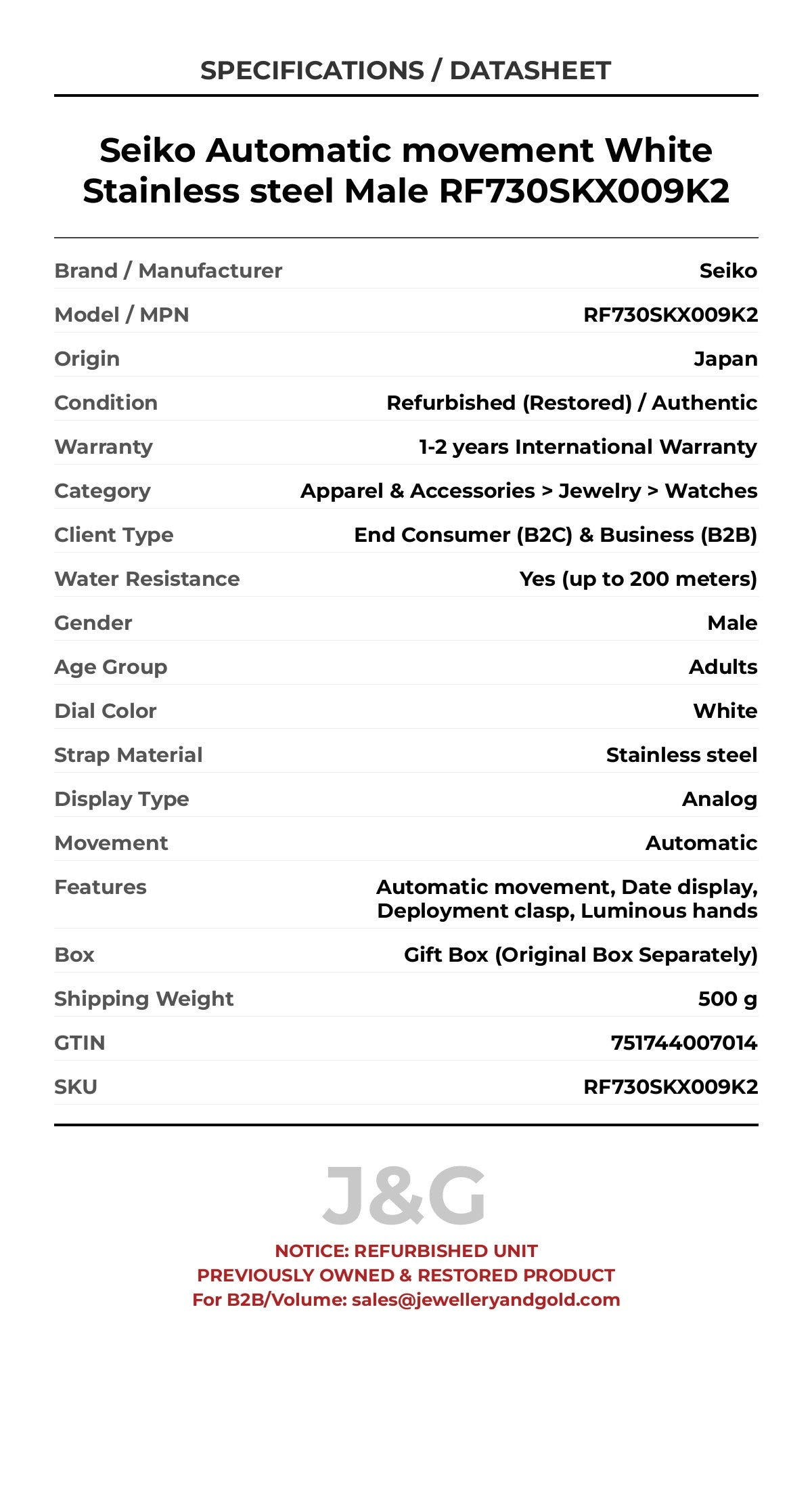 Seiko Automatic movement White Stainless steel Male RF730SKX009K2 - Specifications
