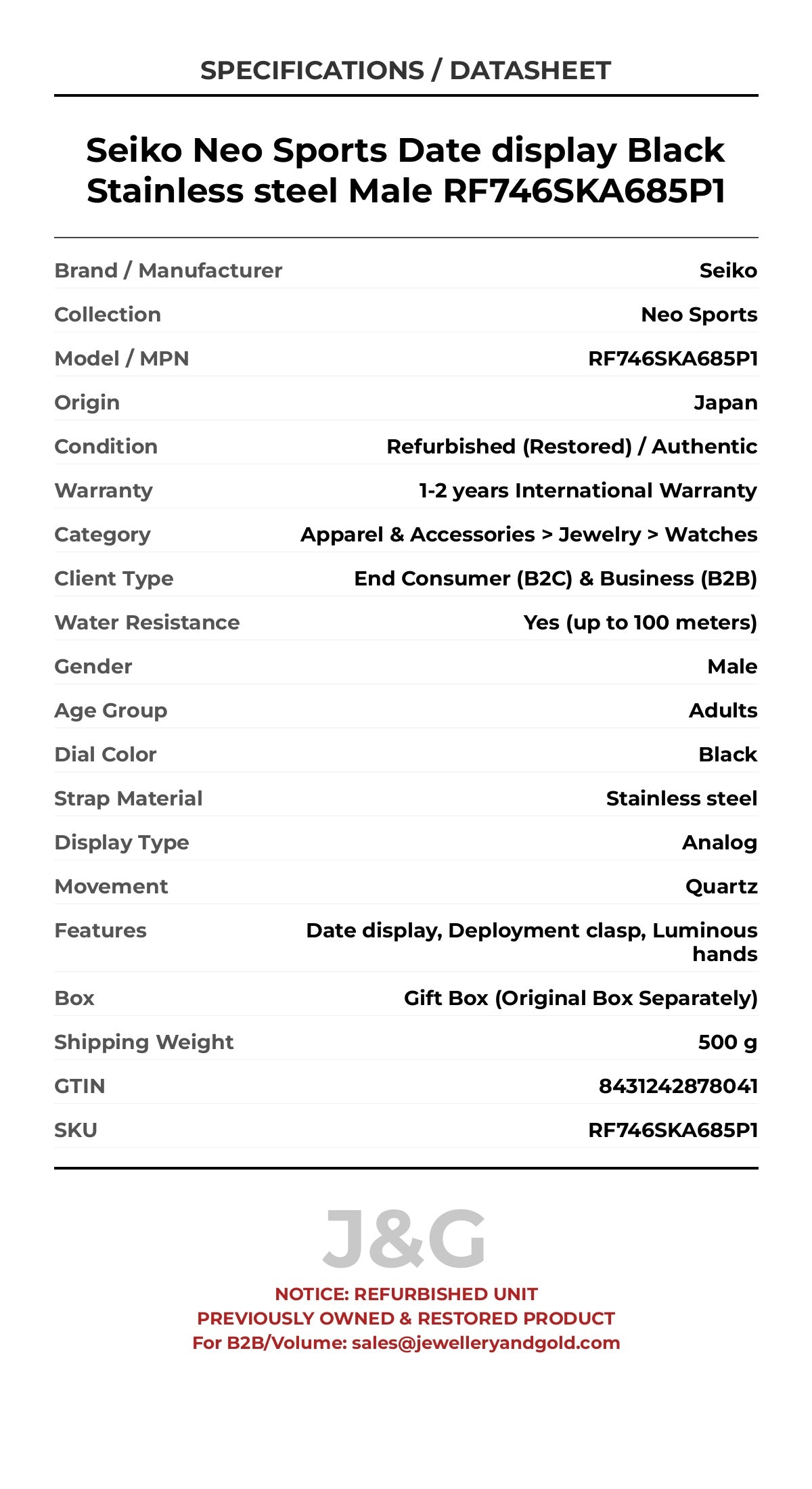 Seiko Neo Sports Date display Black Stainless steel Male RF746SKA685P1 - Specifications
