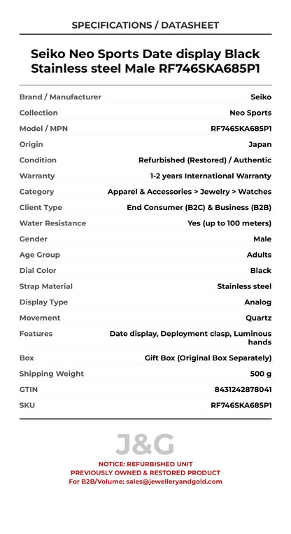 Seiko Neo Sports Date display Black Stainless steel Male RF746SKA685P1 - Specifications