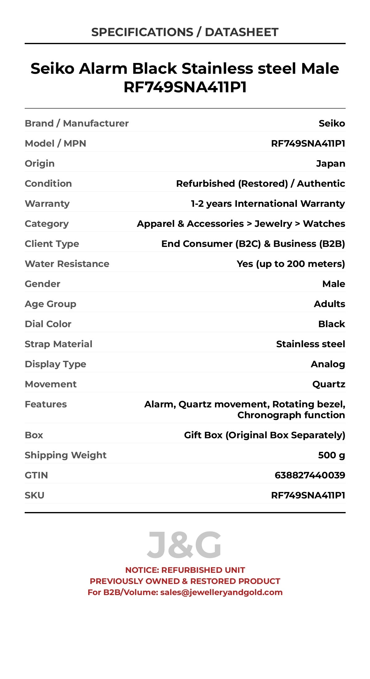 Seiko Alarm Black Stainless steel Male RF749SNA411P1 - Specifications