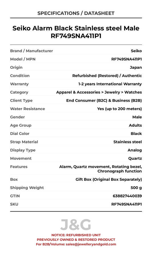 Seiko Alarm Black Stainless steel Male RF749SNA411P1 - Specifications